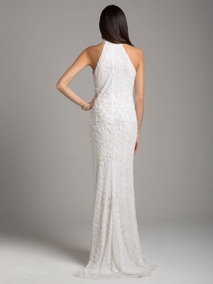 Lattice-Beaded Halter Neck Sheath Wedding Gown