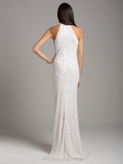 Lattice-Beaded Halter Neck Sheath Wedding Gown