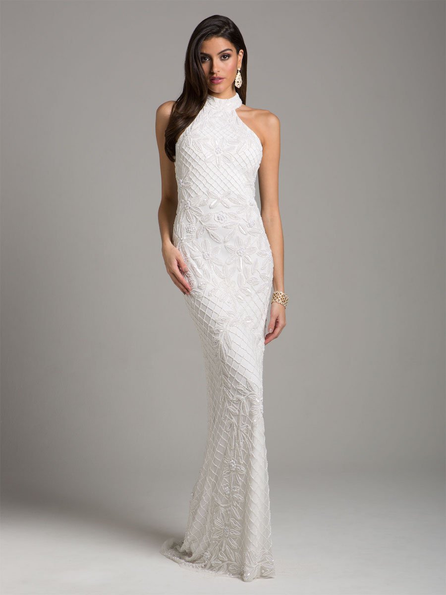 Lattice-Beaded Halter Neck Sheath Wedding Gown