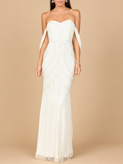 Beaded Gown with Cape Detail
