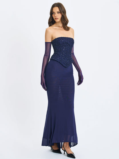 Orabelle Navy Beaded Peplum Mermaid Maxi Gown with Lace-up Back