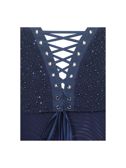 Orabelle Navy Beaded Peplum Mermaid Maxi Gown with Lace-up Back