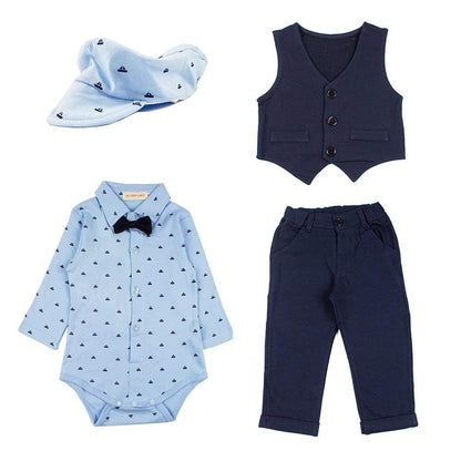 Little Gentlemen - Baby Boys Blue Romper, Pants, Vest and Hat 4-Piece Clothing Set