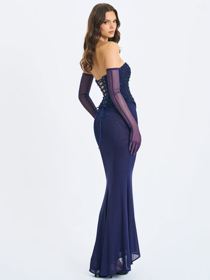 Orabelle Navy Beaded Peplum Mermaid Maxi Gown with Lace-up Back