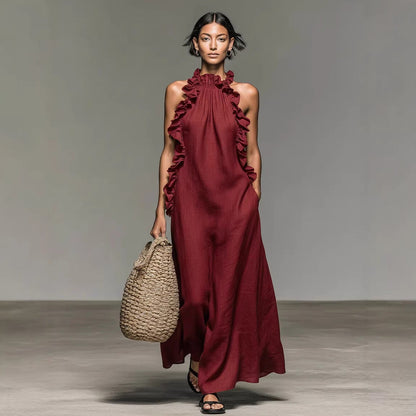 Women's Resort Ruffled Halterneck Sleeveless Open-Back Maxi Dress