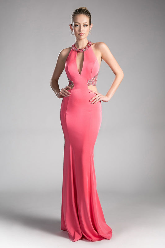 Fitted stretch jersey gown with halter neckline and cut outs