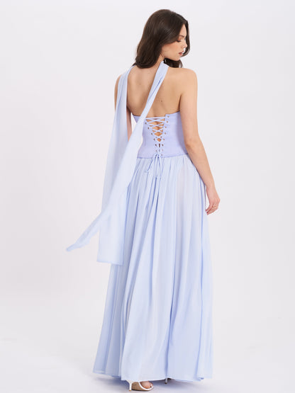 Qianna Baby Blue Peplum Top Drop Waist Chiffon Gown