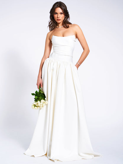 Umay White Drop Waist Satin Corset Bridal Gown
