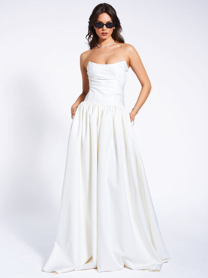 Umay White Drop Waist Satin Corset Bridal Gown