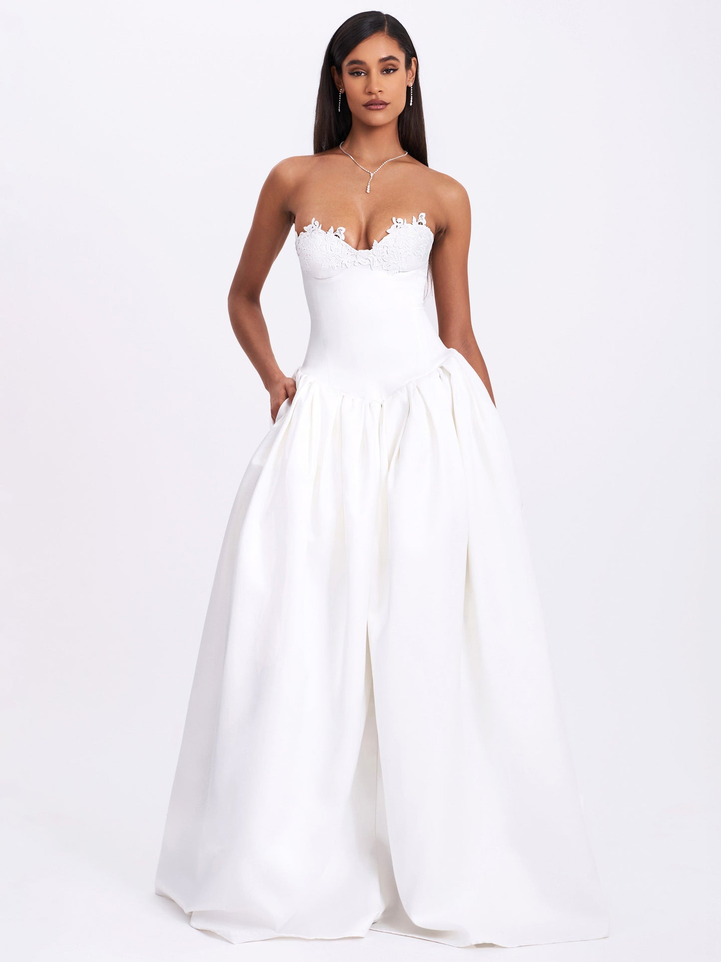 Naila Lace Trim Strapless Drop Waist Wedding Gown