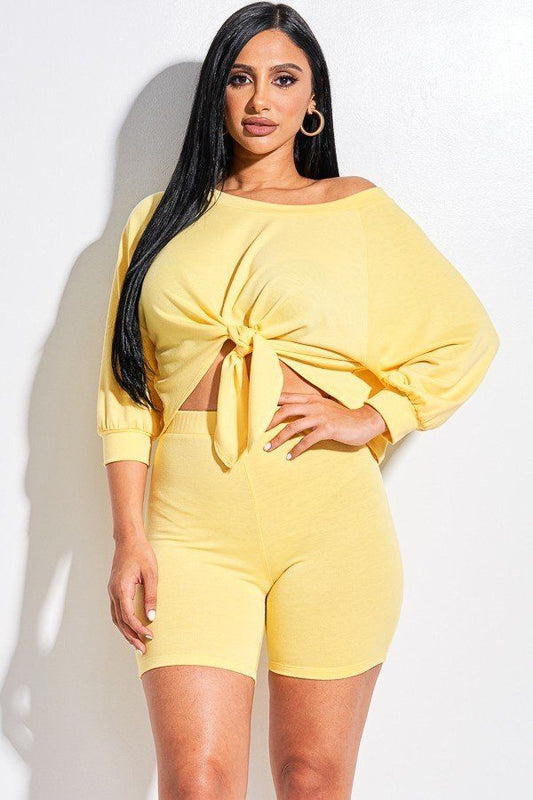 Solid French terry off-shoulder tie-front top and shorts set