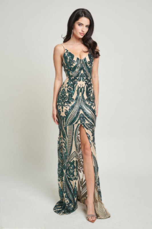 Spaghetti Strap Art Deco Sequins Maxi Dress in hunter green