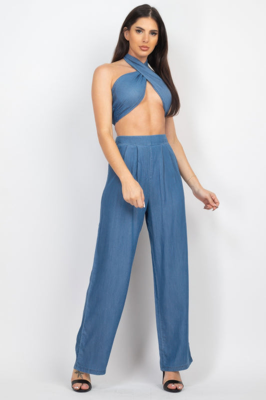 Tube tied top and wide leg pants matching set for women
