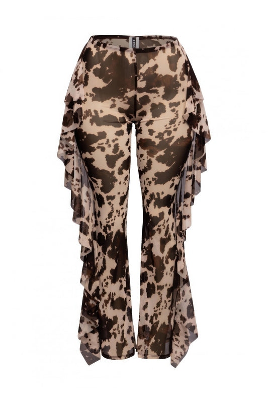 Side ruffle detailed printed mesh pants for women