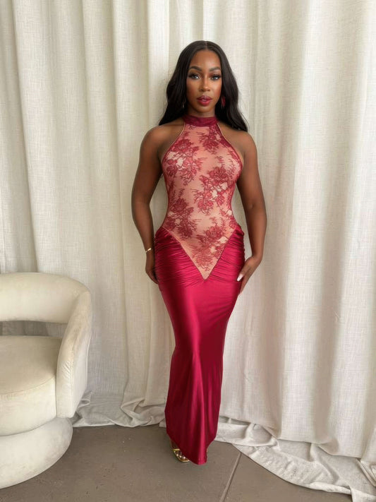Elegant crimson midi dress with ruched satin skirt and side cutouts