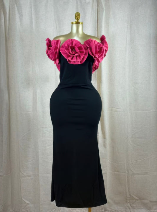 Midnight Magnolia Rosette Gown with elegant off-shoulder neckline