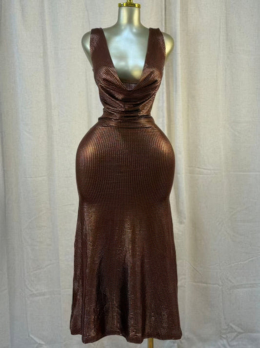 Cocoa Moonlight Shimmer Midi Dress with elegant bodycon silhouette