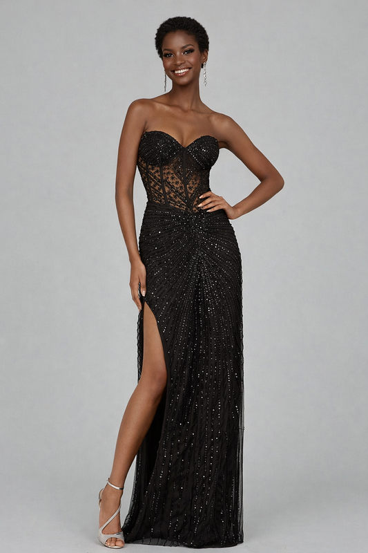 Embellished Strapless Gown with Slit
