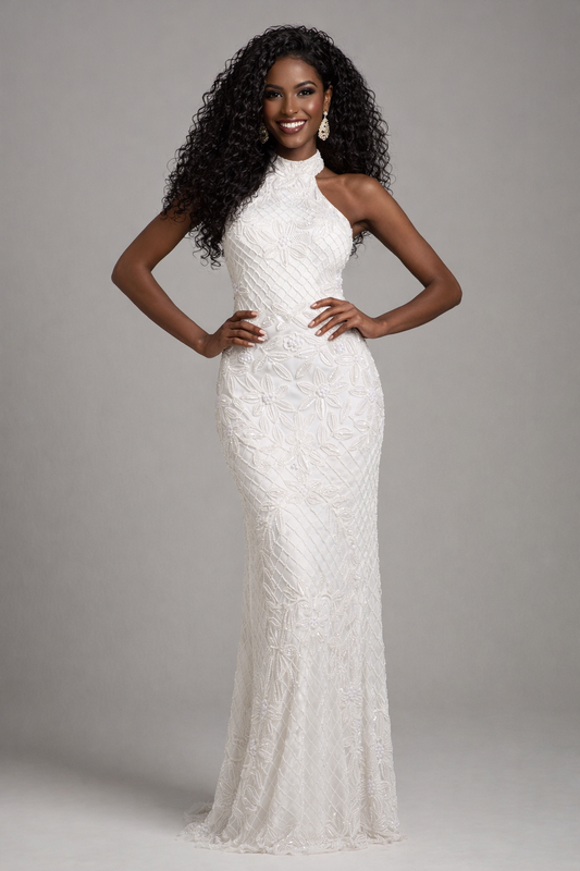 Lattice-Beaded Halter Neck Sheath Wedding Gown