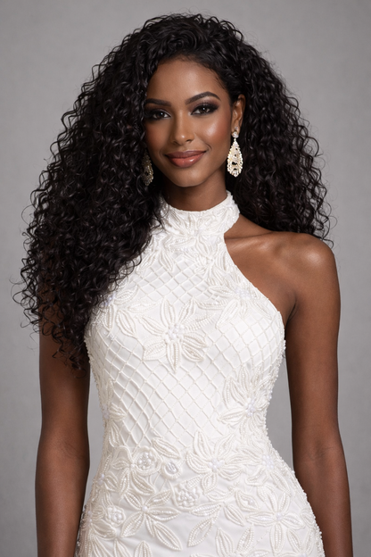 Lattice-Beaded Halter Neck Sheath Wedding Gown