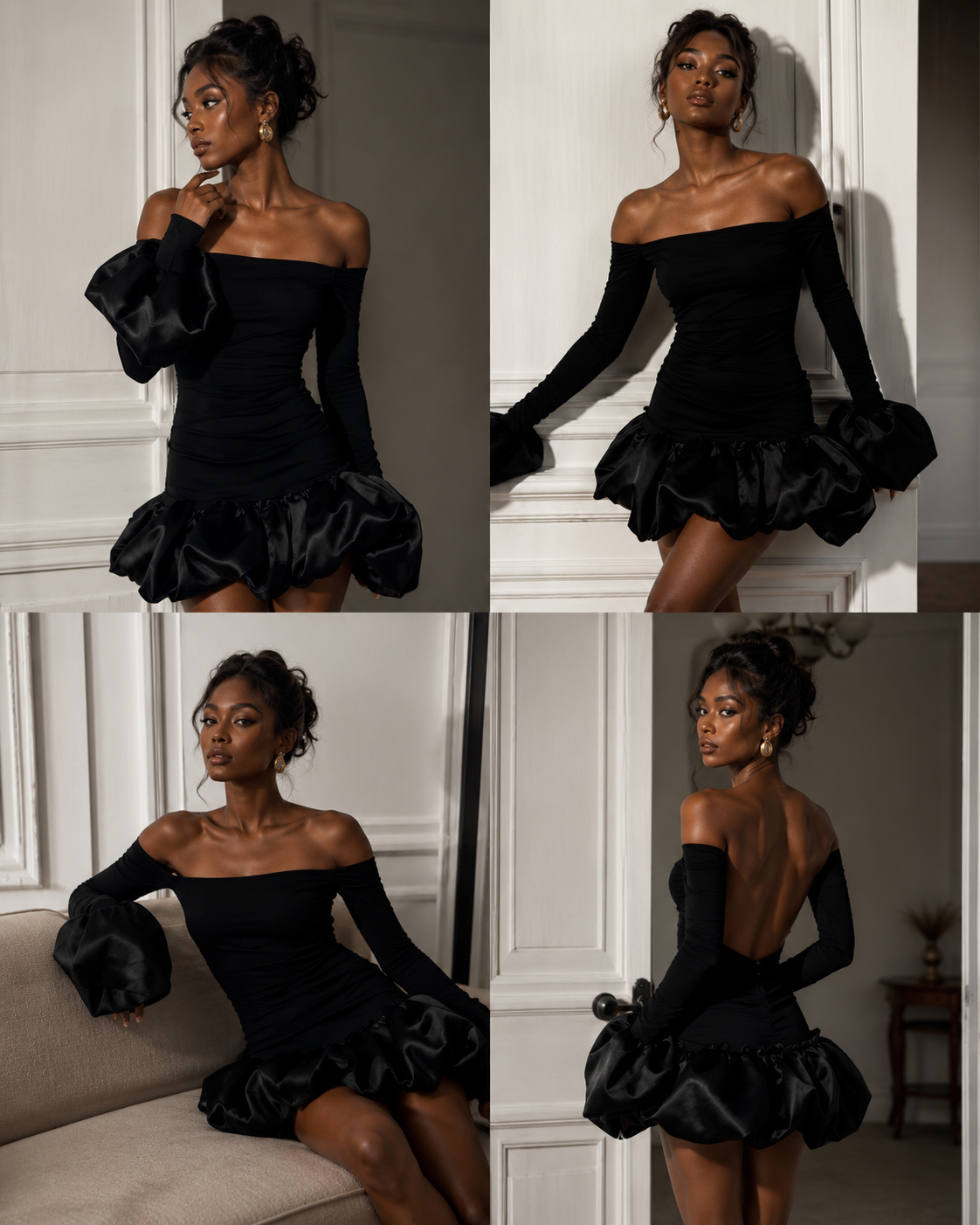 Black Slim Fit Long Sleeved Puff Mini Dress