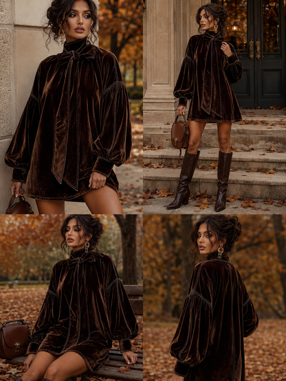 Cocoa Velvet Bow-Tie Long Sleeve Mini Dress
