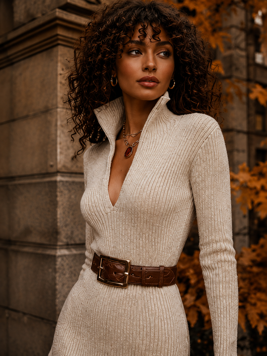 Ribbed Knit Turtleneck Bodycon Sweater Dress
