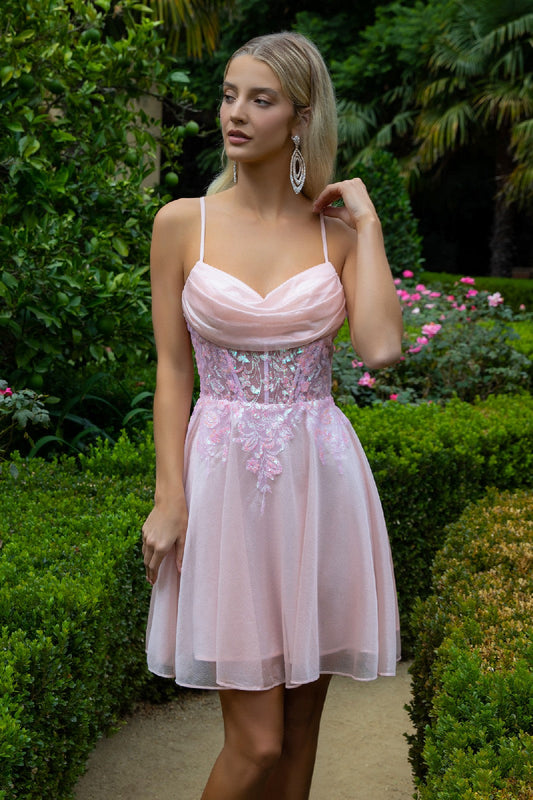 Short tulle homecoming dress with floral lace embroidery
