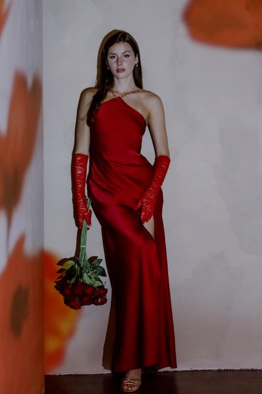 Red Siren Satin Chain-Halter Maxi Dress