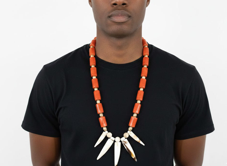 Men’s Coral Bead Necklace – Tribal Claw African beaded jewelry