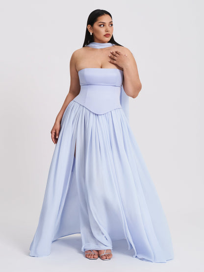 Qianna Baby Blue Peplum Top Drop Waist Chiffon Gown