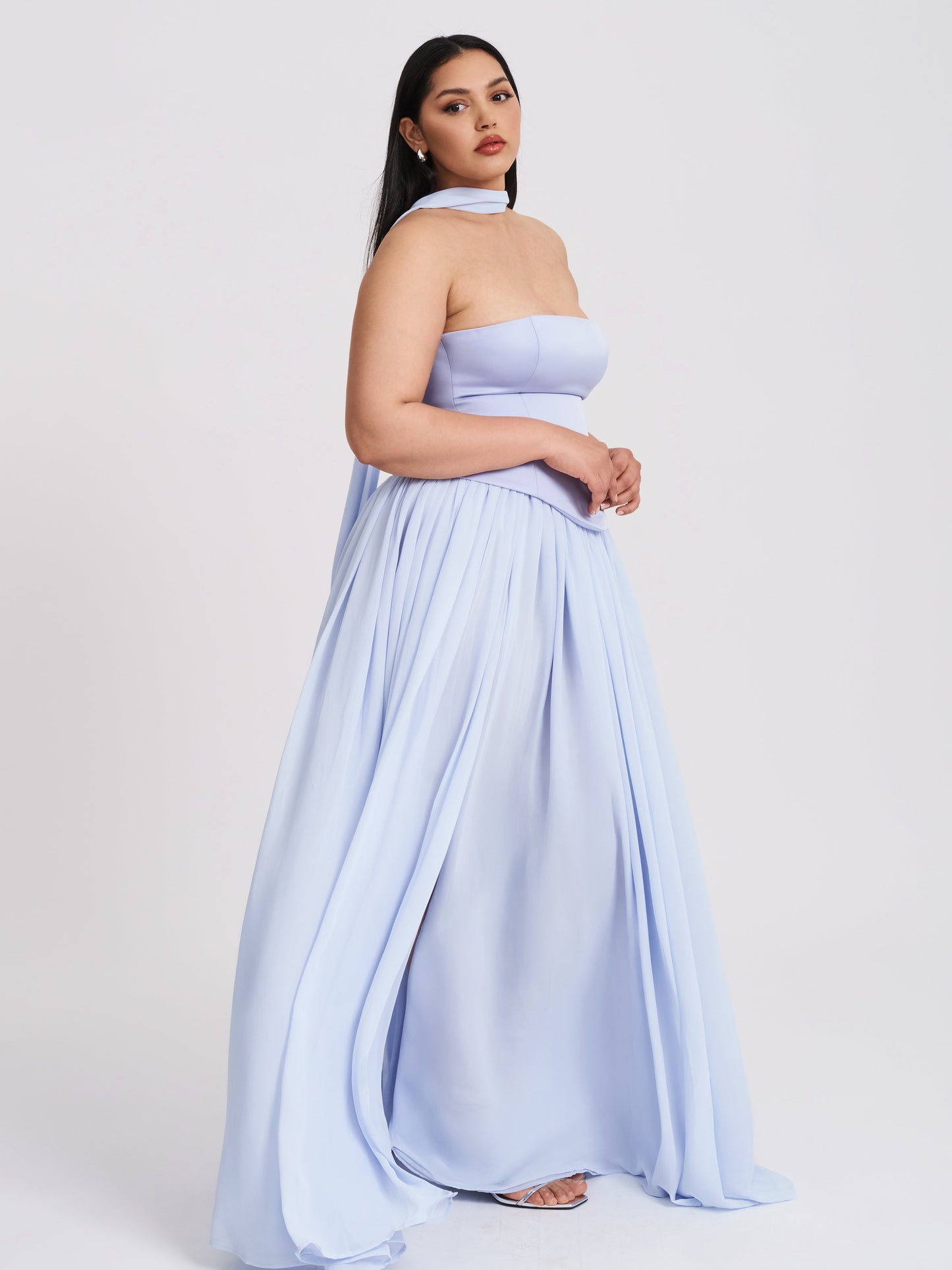 Qianna Baby Blue Peplum Top Drop Waist Chiffon Gown