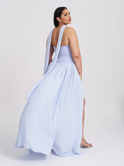 Qianna Baby Blue Peplum Top Drop Waist Chiffon Gown