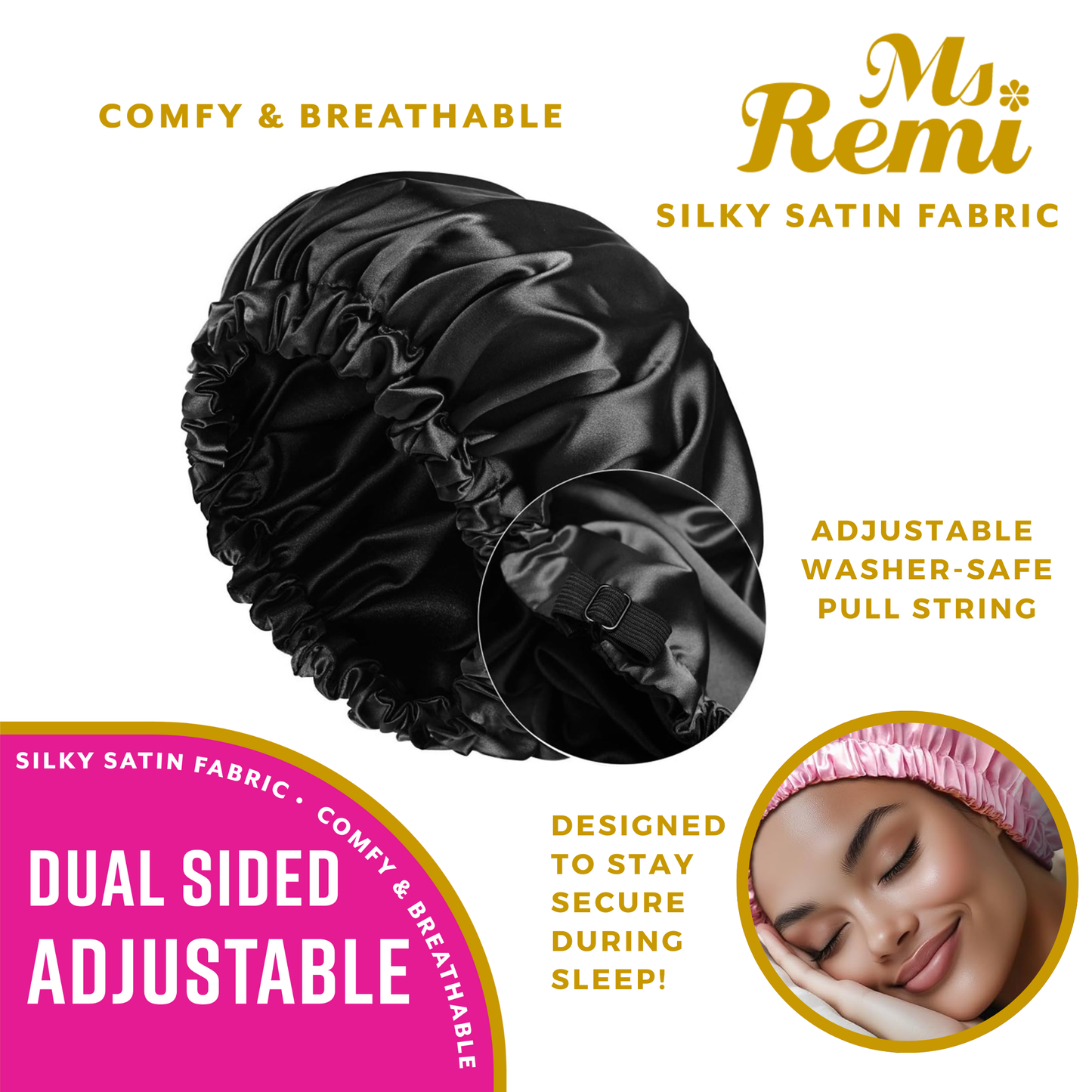 Ms. Remi Dual-Sided Adjustable Satin Braid Bonnet, 1 Count, Black