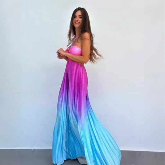 Robe longue plissée à col licou pour femme avec dégradé de couleurs estival personnalisé