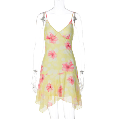Robe d'été pour femme - Coupe ajustée - Sexy - Col plongeant - Imprimé jeune - Bretelles - Dos nu