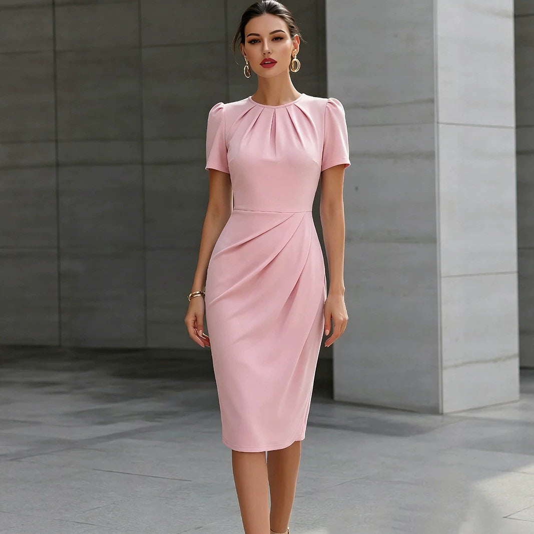 Robes plissées à col rond et manches courtes, ceinture, longueur midi, de couleur unie pour femmes