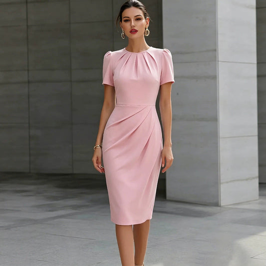 Robes plissées à col rond et manches courtes, ceinture, longueur midi, de couleur unie pour femmes