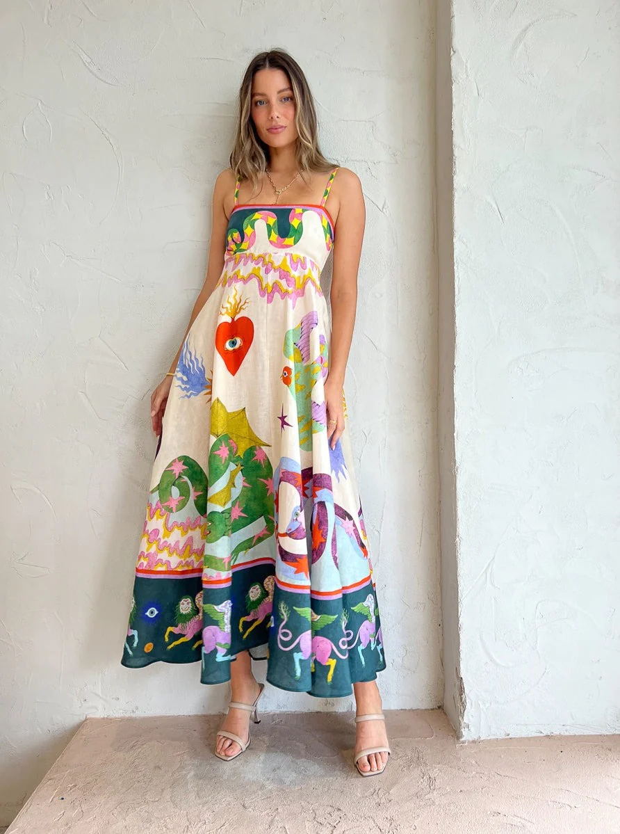 Robe Femme Bretelles Fines Imprimé Floral Lin 9 Couleurs Grande Robe Évasée