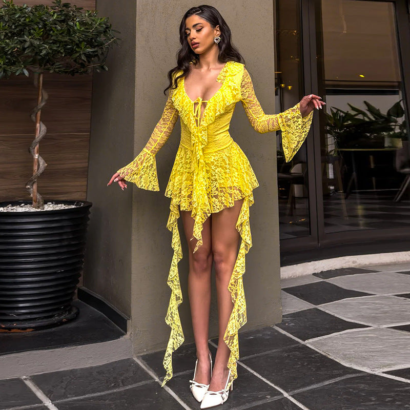 Lace Lotus Leaf Streamer Long Sleeve with Safety Pants Short Dress