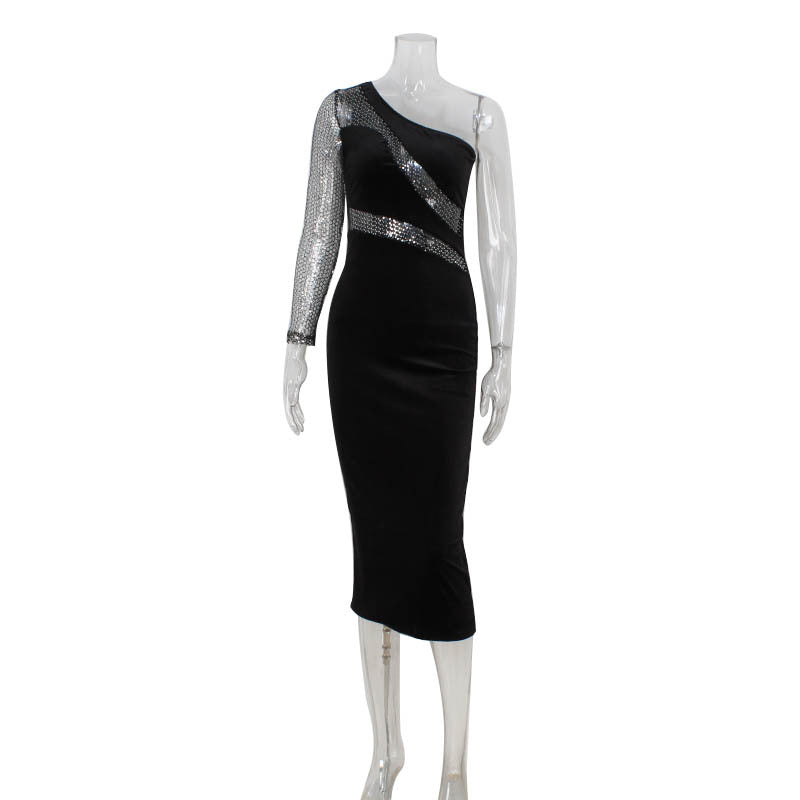 Velvet Nude Sheath Diagonal Midi Dress