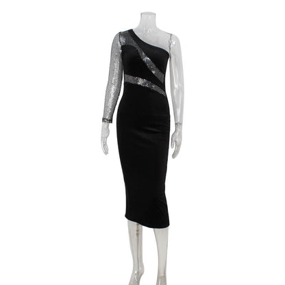 Velvet Nude Sheath Diagonal Midi Dress