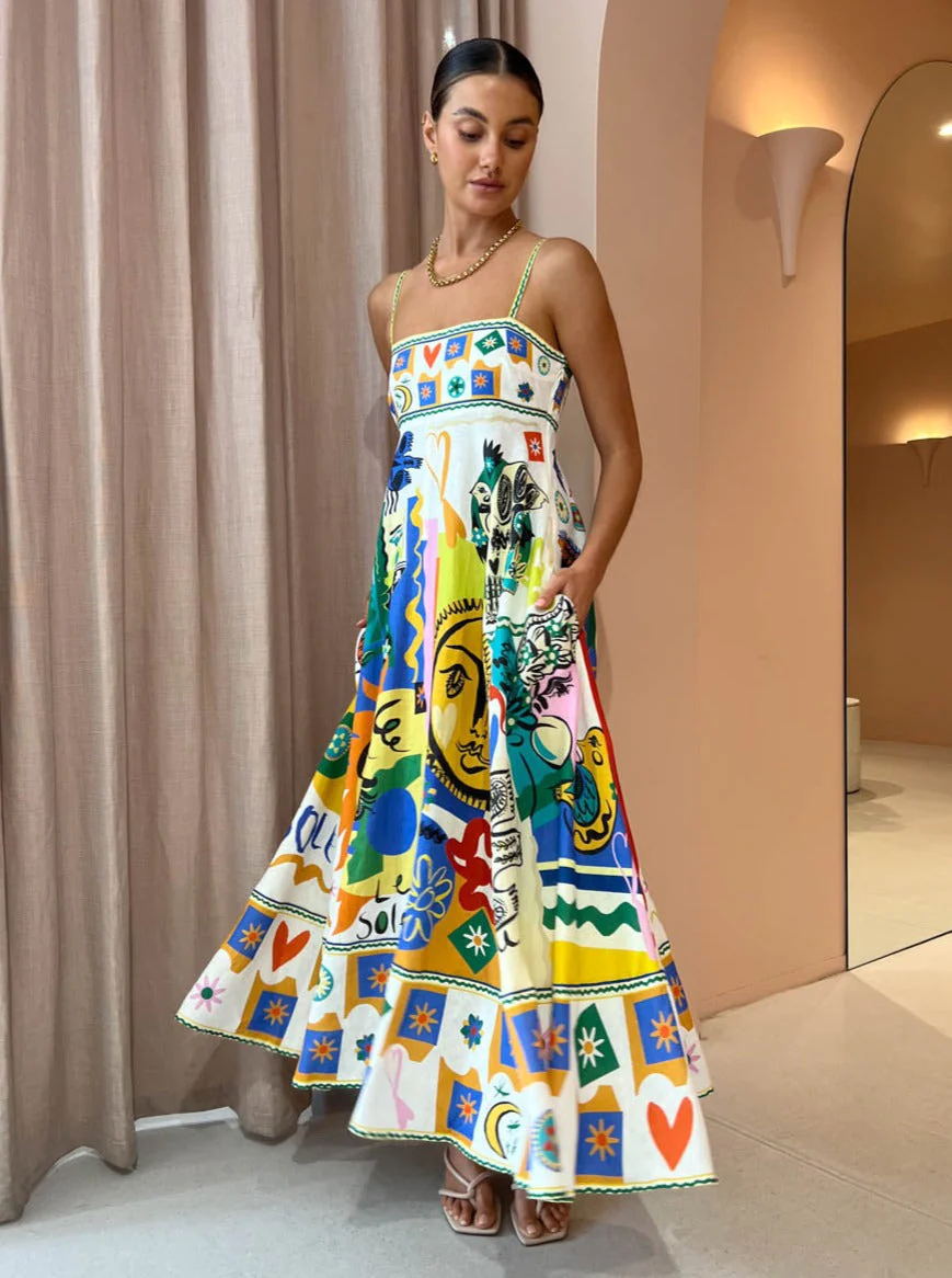 Robe Femme Bretelles Fines Imprimé Floral Lin 9 Couleurs Grande Robe Évasée