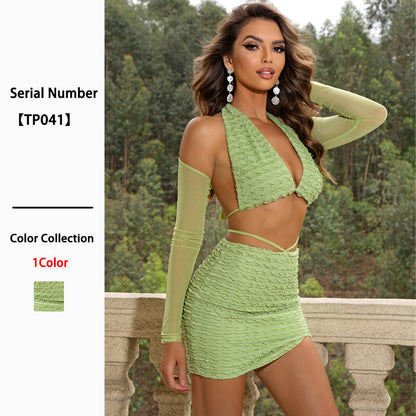 Green Pleated Sleeve Mini Dress