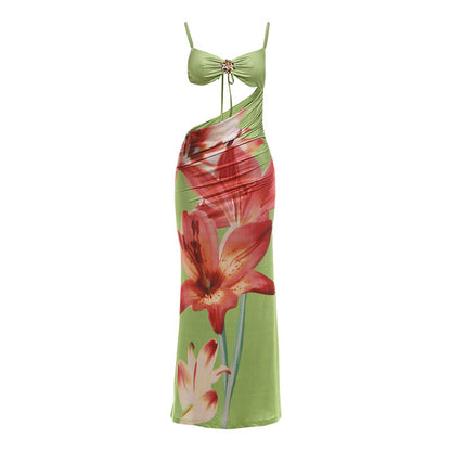Floral Wrapped Chest Spaghetti Strap Maxi Dress