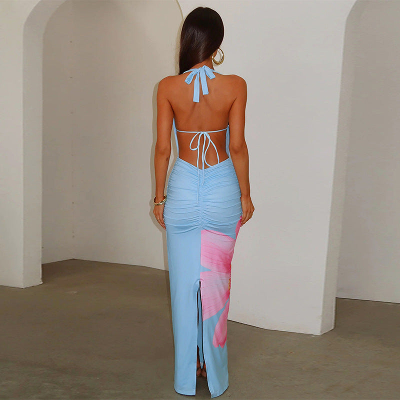 Tropical Plunge Neck Backless Floral Maxi Dress