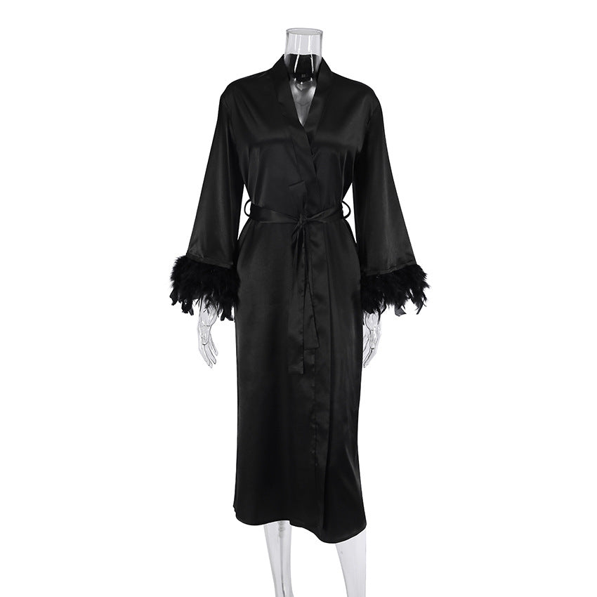Women Cardigan Feather Satin Nightgown