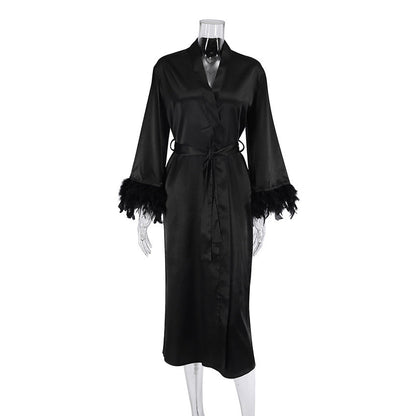 Women Cardigan Feather Satin Nightgown