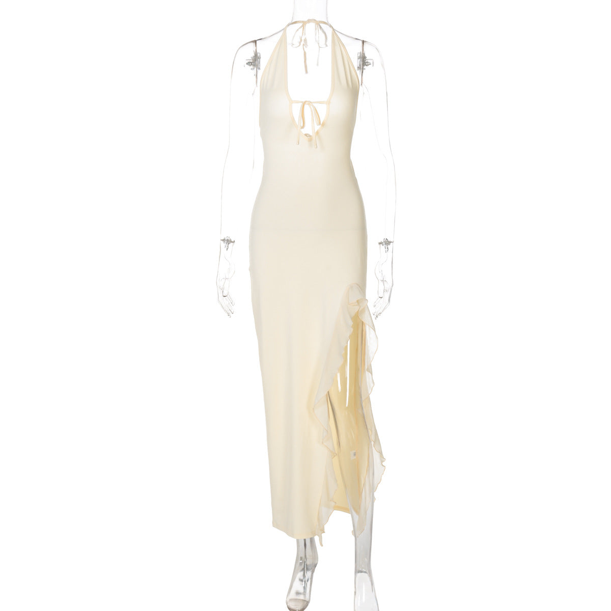 Ruffled Sexy V neck Lace up Backless Dress