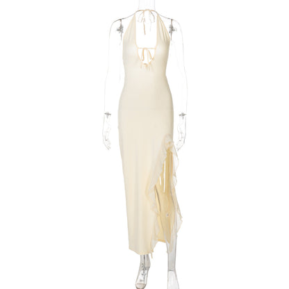 Ruffled Sexy V neck Lace up Backless Dress